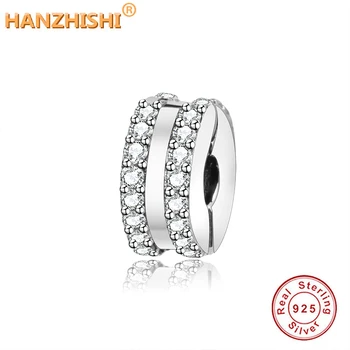 

New 925 Sterling Silver Bead Charm Pave Sparkling Double Lined Clip Stopper Bead Fit Original Fine Charm Bracelet DIY Jewelry