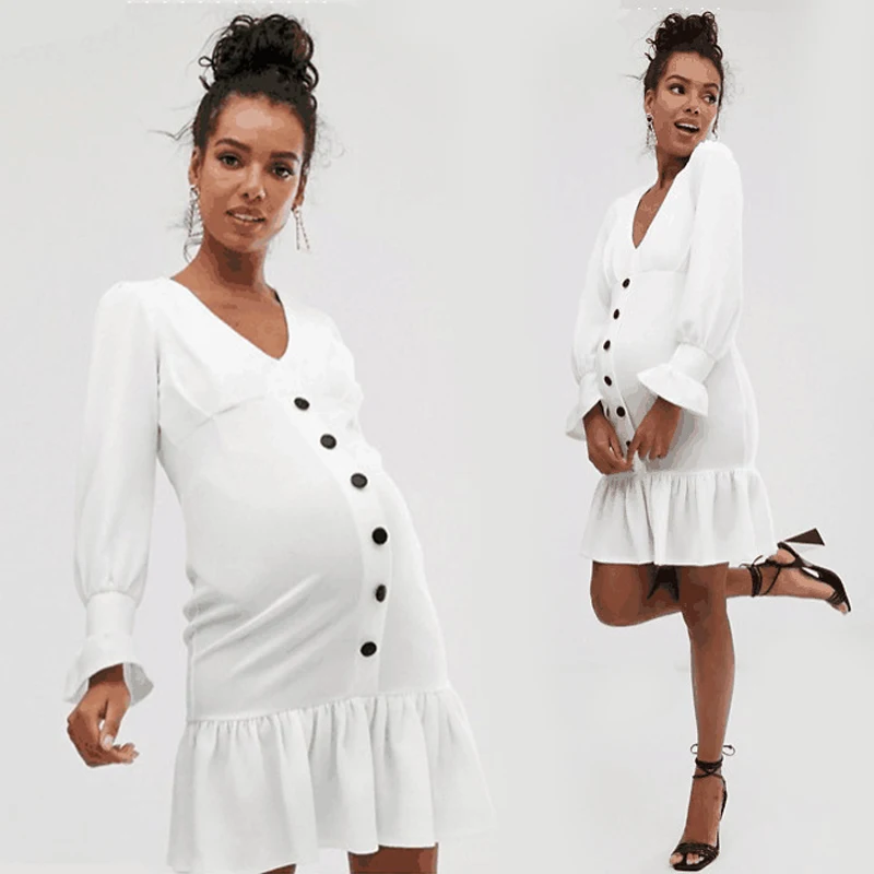 

Lotus Leaf Dresses Maternity Pregnant Dresses Pregnant Woman V-Neck Short Sleeve Button Shopping Sexy Pregnant Women Clothing