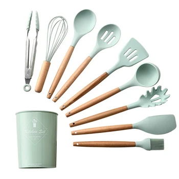 

11pcs Kitchen Cooking Utensils Set With Holder Wood Handle Silicone Non-Stick Heat-Resistant Cookware