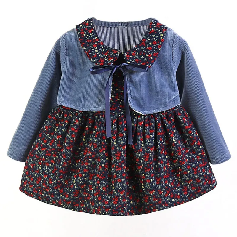 Новая весенняя повседневная одежда для маленьких девочек; От 0 до 4 лет платье с длинными рукавами и цветочным принтом; платье из 2 предметов; милый сарафан для малышей