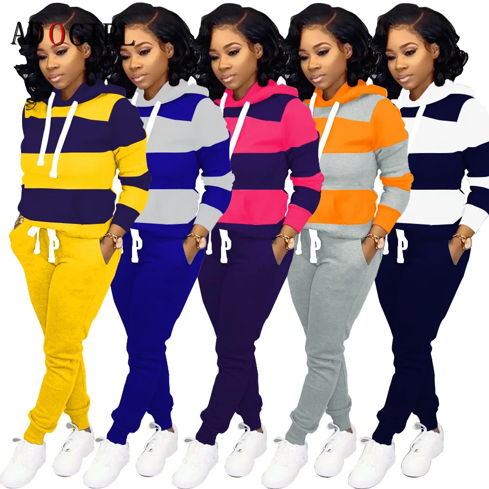 

Adogirl Striped Tracksuit Women Hooded Sweatshirts +Pants Suit 2 Piece Joggers Set Fitnes Outfit Casual Matching Set Plus Size