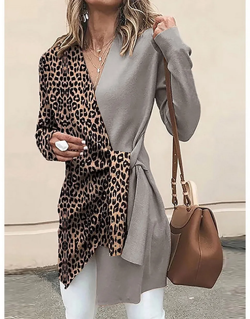Spring Retro Leopard Print Shirt Long Sleeve Loose Shirts Office Lady Shirts Button Full Patchwork Turn-down Collar