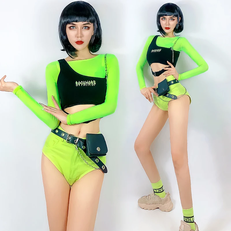 

Nightclub Gogo Jazz Dancing Stage Costume For Women Hip Hop Street Dance Clothing Suit Fluorescent Green Dancewear Set YS2102