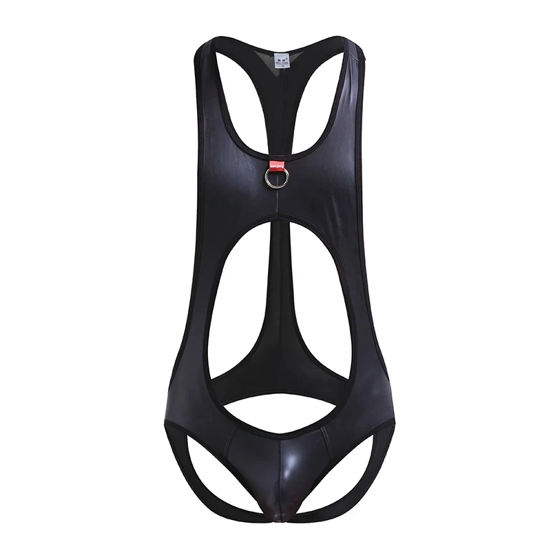 Men Sexy Jumpsuit Bodysuit Backless Bodywear Man Pu Leather Suspender