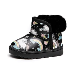 Bottes de neige pour enfants, motif licorne de dessin animé, chaussures courtes imprimées roses et noires pour filles et garçons, pour garder au chaud, tendance 2021, D10272 