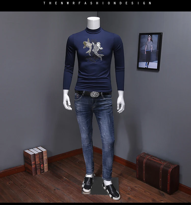 Вышивка Повседневная футболка с длинным рукавом Половина Водолазка Slim Fit Мужская футболка модные мужские s эластичные футболки Плюс Размер 5xl