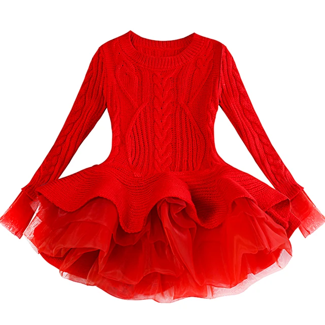 US $9.36 Red Tutu Girls Dress Long sleeve Knit Girls dresses Winter 2019 Autumn Tulle Casual Kids Dresses fo
