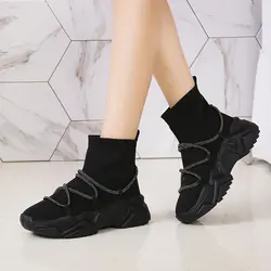 Новинка 2019 года; Модные женские вулканизированные кроссовки с круглым носком; женские слипоны; повседневная обувь на высоком каблуке;
