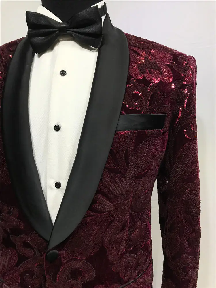 Red Beaded Suit Tuxedo Jacket+black Pant Mens Stage Wear Mens Tuxedos Wedding Plus Size Custom Suits Tailor Made Suit
