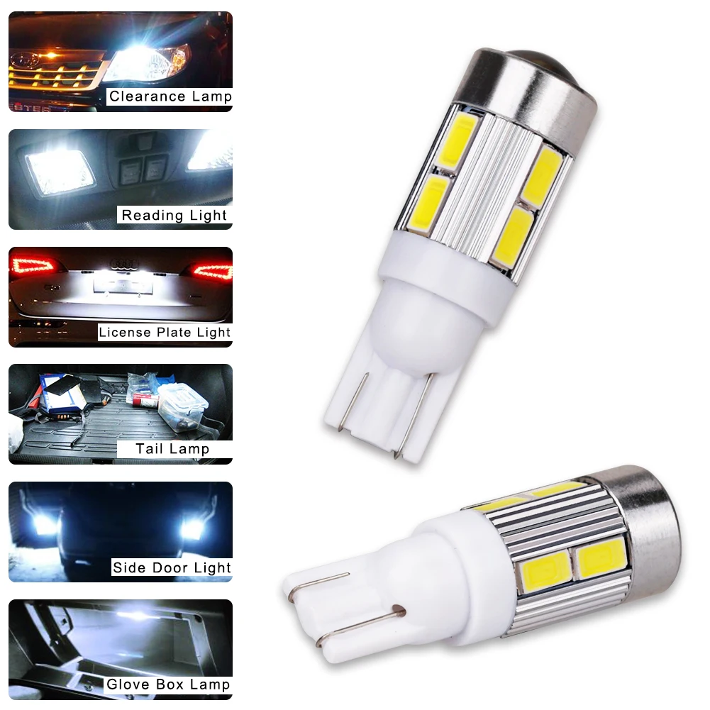 T10 W5W 168 194 10Smd Led Bulbs 5630 Auto Led Lamp 12V T10 Parking Reading Tail Cold White Car Light With Projector Lens