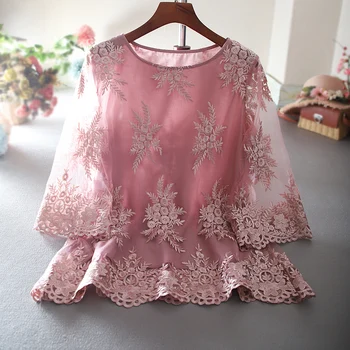 

Loose Lace Blouse Women Heavy Mesh Flared Sleeve A- Line Edition Shirt Female Temperament Summer Top Leisure Blouses Blusas