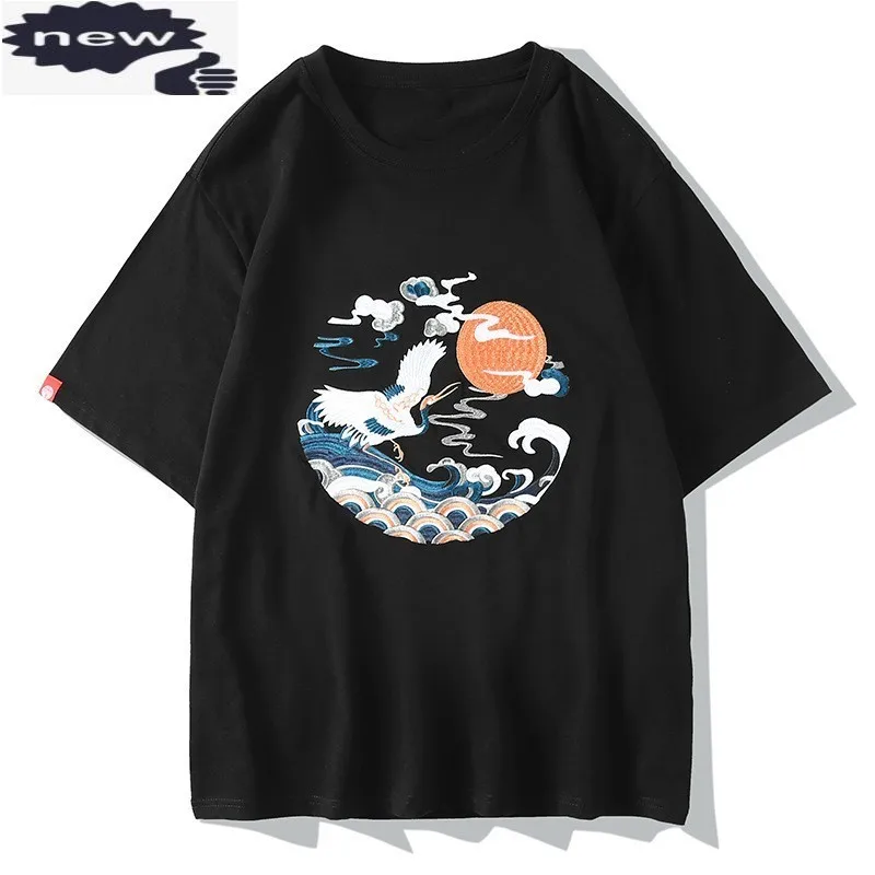 

Summer Loose Fit Short Sleeve T-Shirt Mens Personality Embroidery Black Tees Casual Cotton Tops O-Neck Pullover White T-shirts