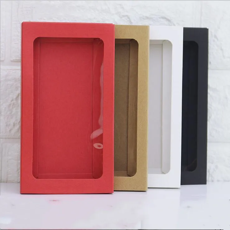 

25pcs Kraft Cardboard Phone Case Packaging Box Red/White/Brown/Black Paper Drawer Box With Clear Window