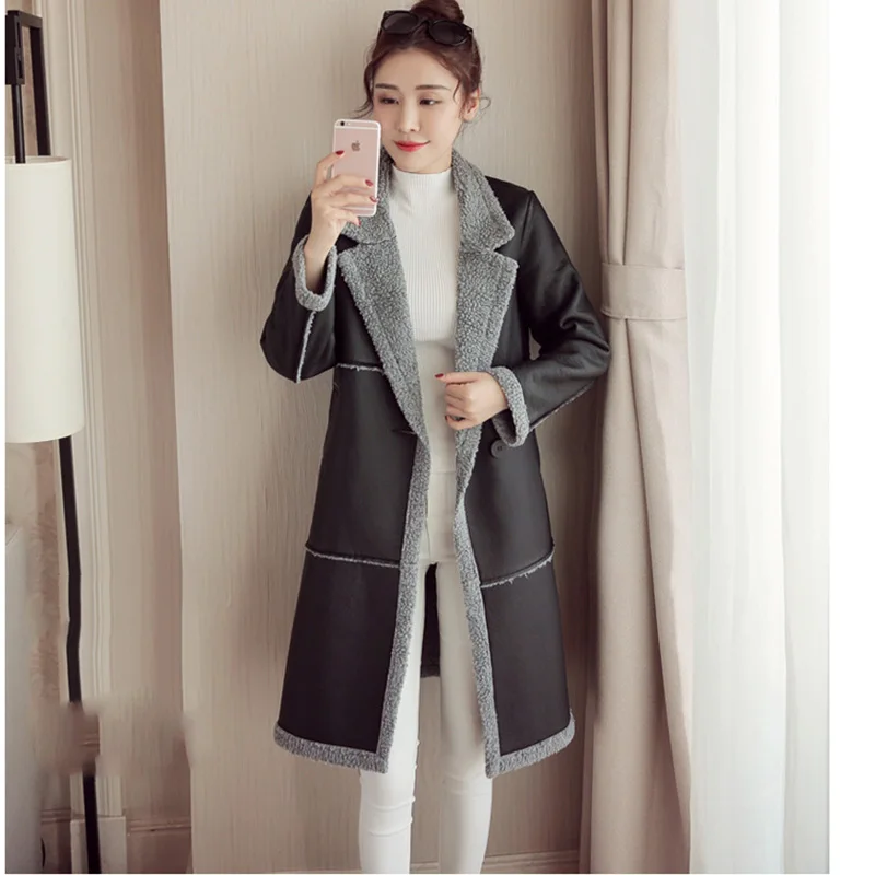 женщина Плюс ягненка замша кожаная куртка Зимняя кожа Пальто женщин корейское