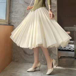 3 Layers Tulle Skirts Women Mesh Tutu Skirt 2022 Spring Korean High Waist Kpop Beige Pleated Midi Voile Midi Skirt