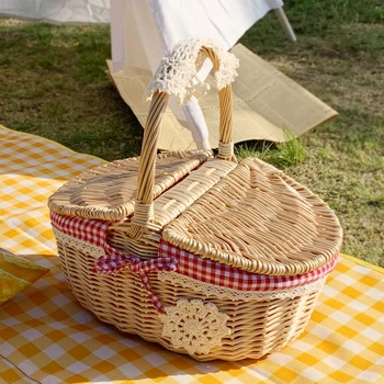 

Wicker storage basket hand portable picnic basket storage box woven storage basket photography Snacks fruit Food rattan basket