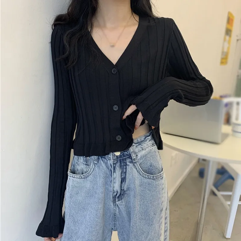 

2020 Autumn Thin Women Sweater Cardigans V neck Knit Cardigans Tops Girls Outwear Korean Chic Tops