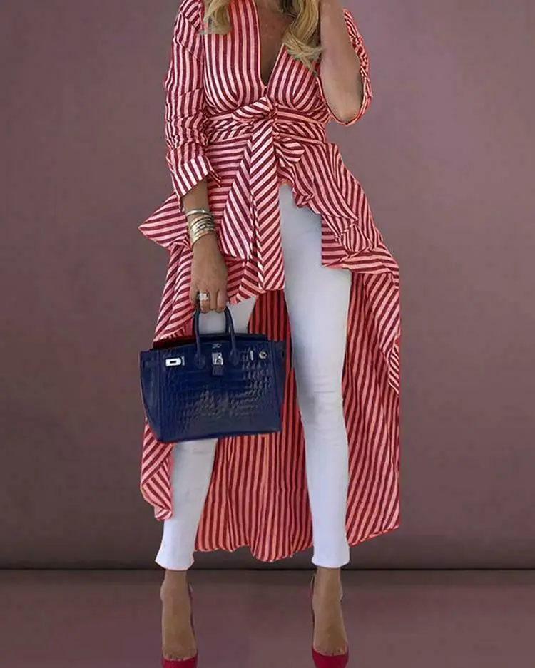 Plus Size 2019 Women Long Sleeve V-neck Autumn Blouse Lady Loose Long Style Design Chic Dovetail Striped Shirt Plus Size 2019 Women Long Sleeve V-neck Autumn Blouse Lady Loose Long Style Design Chic Dovetail Striped Shirt