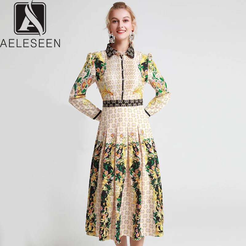 

AELESEEN 2019 Autumn New Runway Floral Print Pleated Dresses Luxury Draped Chest Turn-Down Collar Lantern Sleeve Midi Dress