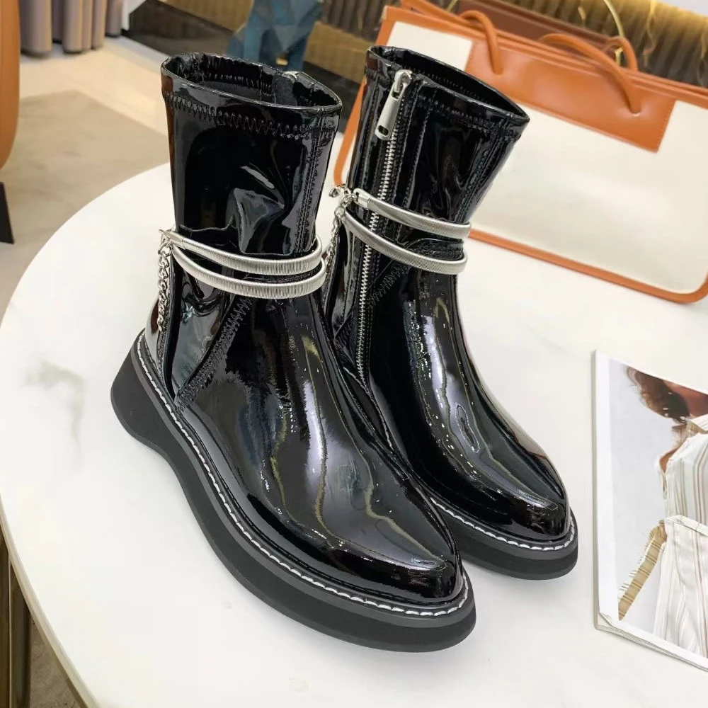 Женские ботинки с цепочкой Prowow Черные ботильоны из натуральной кожи в стиле панк