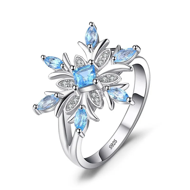 Bague Ringen, Женские Ювелирные изделия, аквамарин, серебряное кольцо 925 для женщин, цветок, снежинка, голубые драгоценные камни, кольца на годовщину, подарки