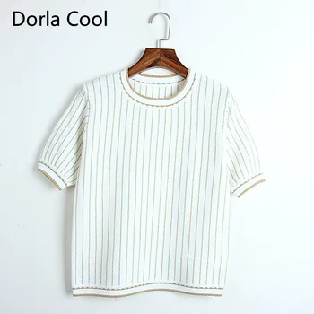 

New 2020 Design Women Golden Lines Striped Knitted Top Short Sleeves O-neck Lady's Elegant Party Summer Sweaters Pullover Tops