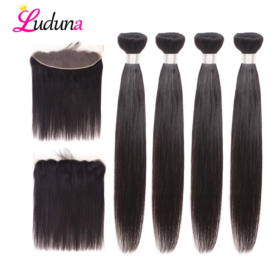 

Luduna Brazilian Straight Hair Weave 4 Bundles With Lace Frontal Closure With Bundles Remy Hair 100% Human Hair Bundles