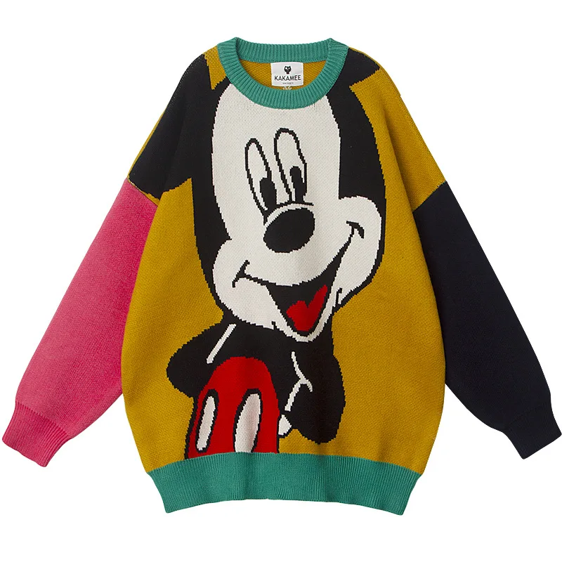 

Hot Disney Mickey Mouse woman fall/winter loose contrast color mid-length long-sleeved thick sweater women knitted clothes