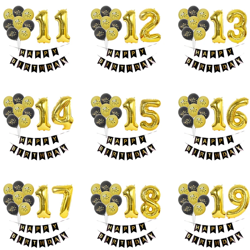 1 Set Meisje Jongen Zwarte Goud Nummer 10 11 12 13 14 15 16 17 18 19 Jaar  Verjaardag Ballonnen Vlag Banner Party Decoraties|Ballonnen & Accessoires|  - Aliexpress