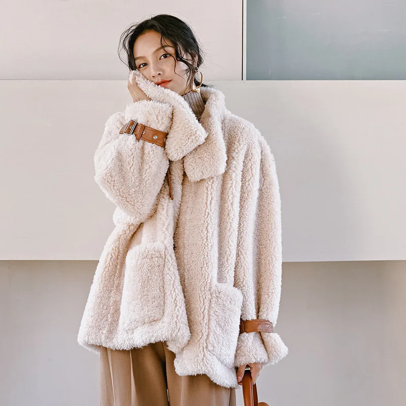 Зимнее женское пальто высокого качества из искусственной овечьей шерсти, роскошное короткое повседневное толстое теплое Женское пальто больших размеров бежевого цвета