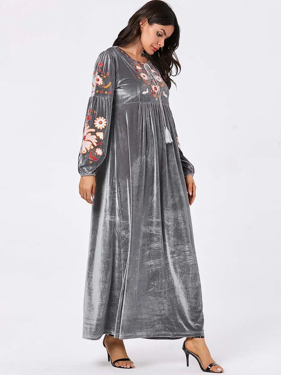 Модное женское бархатное теплое мусульманское платье abaya длинное платье с вышивкой исламские Макси-платья Дубай jilбаб с круглым вырезом платье одежда