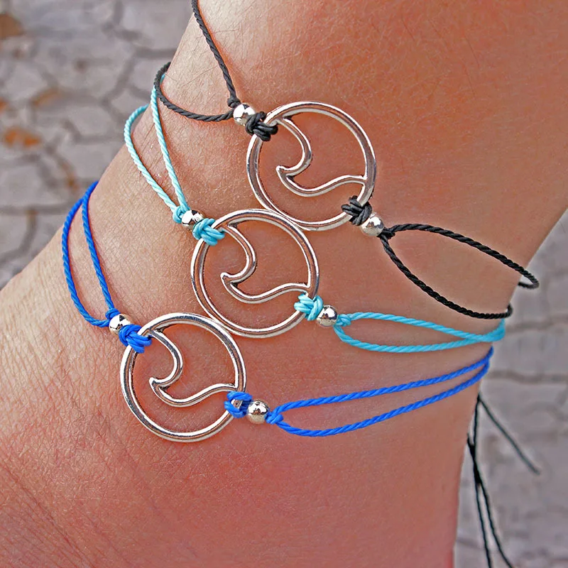 

LWMMD Retro Hand jewelry Wave hand-weaving Boho Tortoise Cord Anklet instant adjustable Jewelry anklet heart