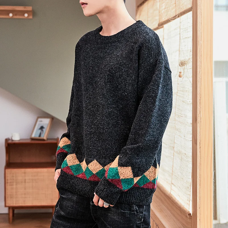 Sweater Men Casual O-Neck Men's Pullover Autumn Winter Mens Sweaters for Christmas Pullover Men Purple Black Pullover Men