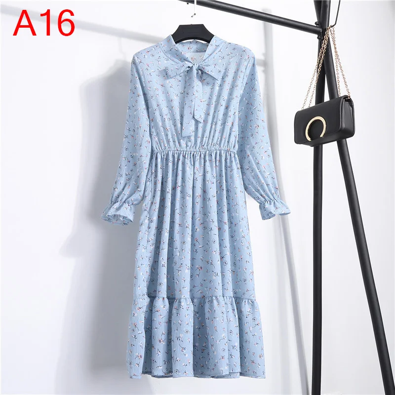 Корейская черная рубашка Vestidos для офиса в горошек, винтажные осенние платья, Женское зимнее платье, миди платье с цветочным рисунком и длинным рукавом для женщин - Цвет: 16