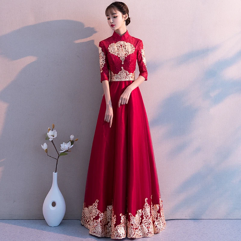 Китайское Красное Кружевное Платье Чонсам с вышивкой современный Восточный вечер традиционное китайское свадебное платье Qi Pao женское тонкое платье