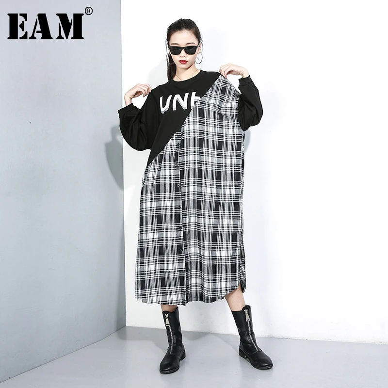 

[EAM] Women Black Plaid Big Size Asymmetrical Dress New Round Neck Long Sleeve Loose Fit Fashion Tide Spring Autumn 2019 1D640