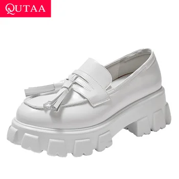 

QUTAA 2020 Tassel Platform Slip on Women Shoes Round Toe Quality PU Leather Ladies Pumps Square Heel Single Shoes Size 34-39