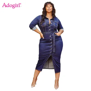 

Adogirl XL-4XL Plus Size Women Jeans Dress Buttons Turn Down Collar Long Sleeve Pockets Bodycon Midi Casual Dresses with Belt