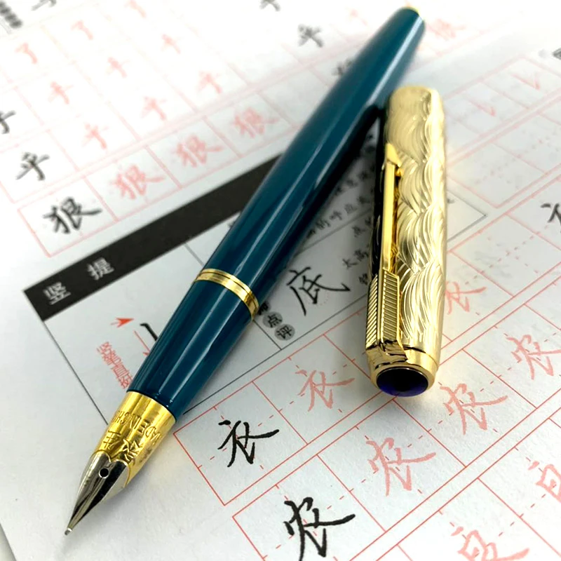 Перьевая ручка Wing Sung 601A, волнистый Золотой колпачок, вакуумная перьевая ручка, тонкий перьевая ручка, Одноцветный темно-синий перьевая ручка, школьные офисные принадлежности, подарок