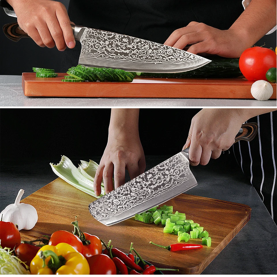 FANGZUO 5 шт. набор кухонных ножей лезвия из нержавеющей стали Дамасские лазерные наборы шеф-ножей Santoku инструменты для приготовления пищи