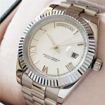 

Roman numerals on white dial weekly calendar display gold watch