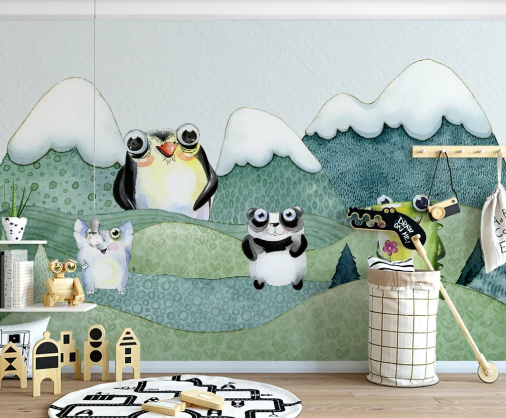

XUE SU Customized large-scale mural wallpaper Nordic hand-painted cartoon animal snow mountain children wall covering