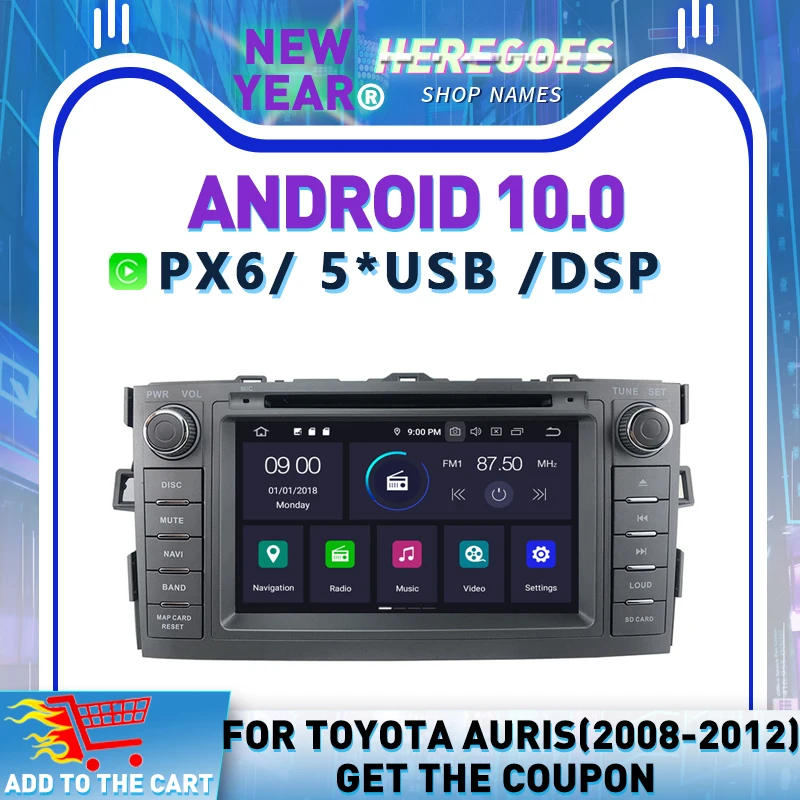 Автомобильный DVD-плеер Carplay PX6 DSP 6 ядер Android 10 0 для Toyota Auris 2008-2012 4 Гб + 64 Wifi навигация
