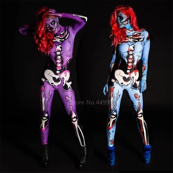 Scary Costume Skeleton Women Wine Red Wig Halloween Day of The Dead Horror Zombie Vampire Cosplay Fancy Dress Carnival Party