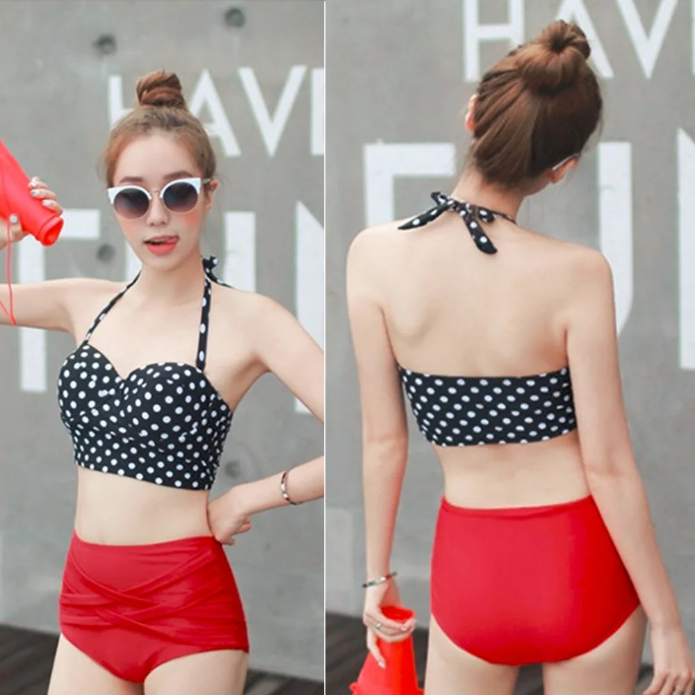 

New Women RETRO Pinup Rockabilly Dot Vintage Sexy High Waist Bikinis Set Swimsuit Swimwear Push Up Bathing Suit Beachwear Bikini