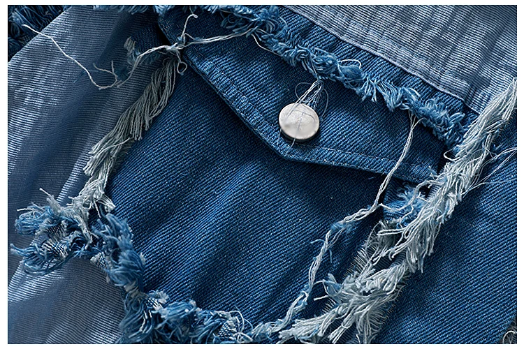 New Raw Edge Denim Stitching Shirt Women Streetwear Long Sleeve Lapel Ripped Denim Blouse Female Students Loose Oversize Blusas