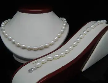 

8-9mm White Cultured Akoya Rice Pearl Necklace 18'' Bracelet 7.5''