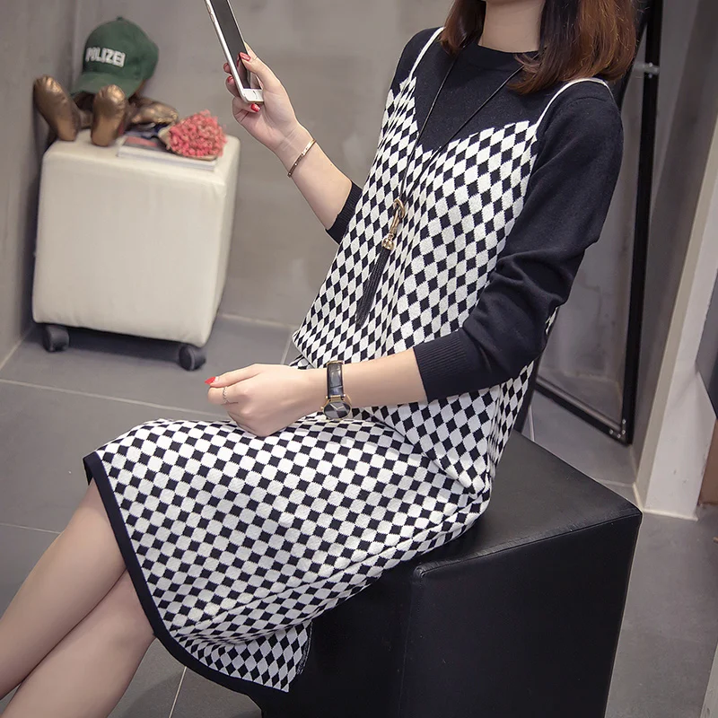 Milinsus Autumn Winter Large Size Women Knitted Dresses Girl Contrast Color Plaid Ladies Long Sleeve Vintage Elegant Dress - Цвет: black