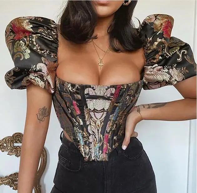 

2020 The New Square Collar Jacquard Boned Bustier Crop Tops Shirt Puff Sleeve Sexy Backless Shirts Blouse Women Zipper Elegant