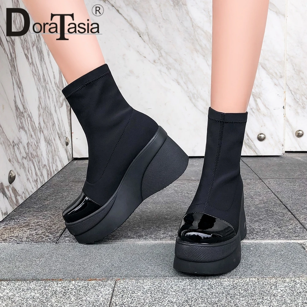 

DORATASIA New Fashion Patent Genuine Leather Lycra Stretch Boots Ladies Wedges High Heels Platform Shoes Woman Party Ankle Boots